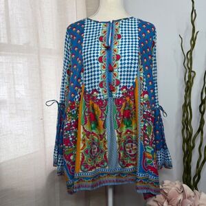Khaadi Pret Flare Bell Sleeve Tunic Blouse Floral Checker Blue Red Vivid Size 12